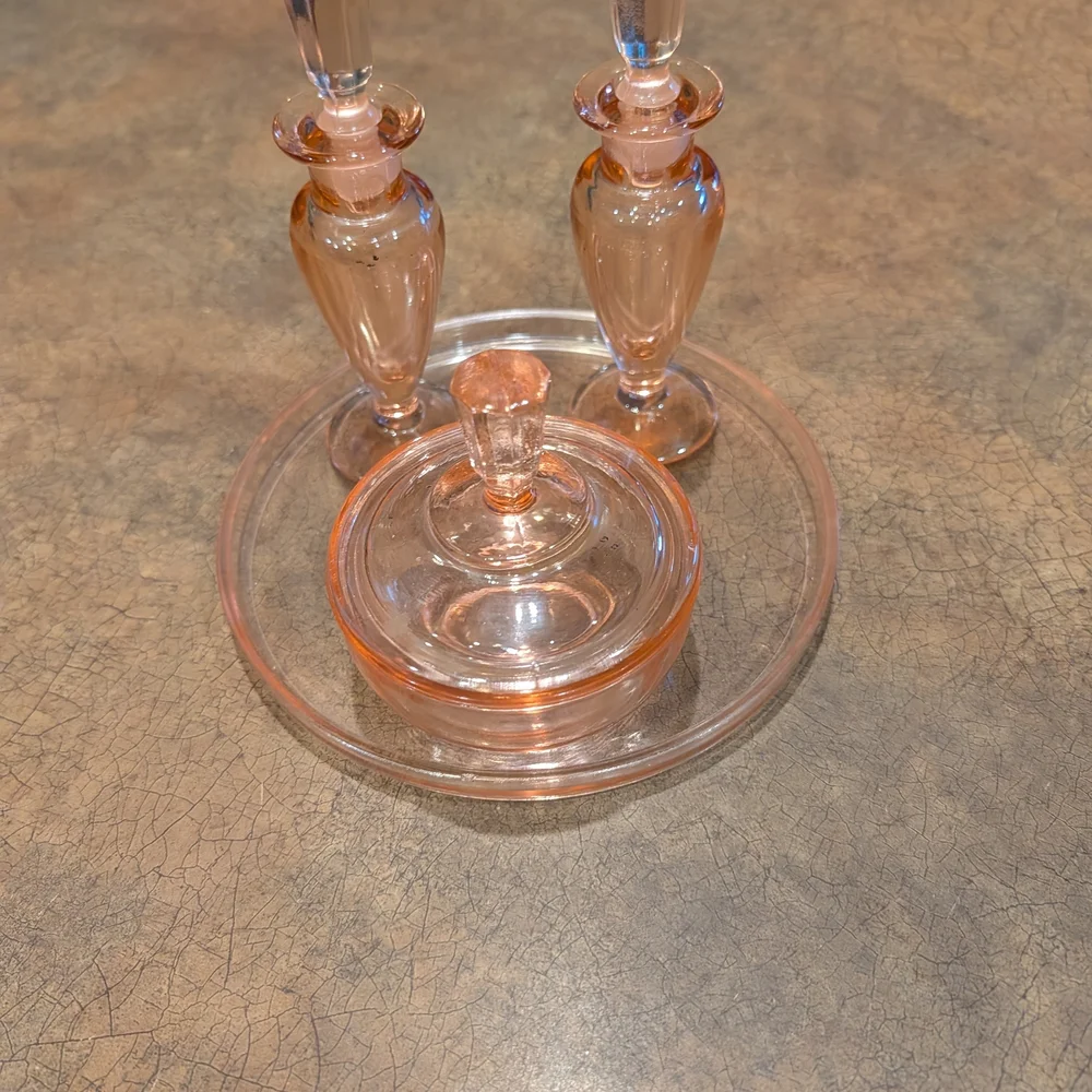 Elegant Glass Vanity Tray Set with Pink Accents